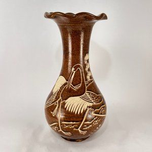 Sarawak Vase Clay Pottery Carved Crane Bird Glazed Brown Cream Ruffle Folk Art